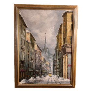 E.MANTEGANI, Street in Milan and a view of the Duomo - E. Mantegani