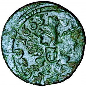 Polska, Jan Kazimierz, Korona, mały szeląg miedziany (boratynka) 1663, men. Ujazdów
