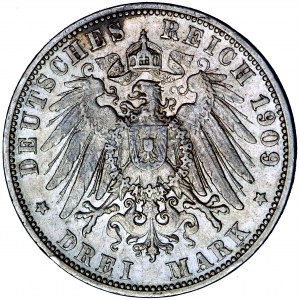 Niemcy, Wirtembergia, Wilhelm II, 3 marki 1909, men. Stuttgart