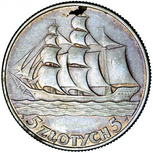 II Rzeczpospolita Polska, 5 złotych 1936, Żaglowiec, men. Warszawa