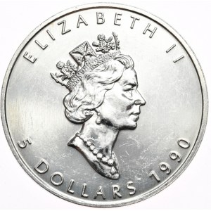 Kanada, 5 Dolarów, Liść, 1990r., 1oz.