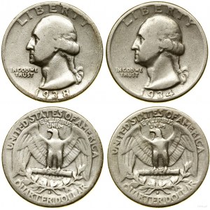 États-Unis d'Amérique (USA), série : 2 x 1/4 dollars, 1934 D, 1938 S, Denver et San Francisco