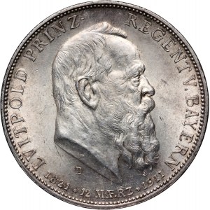 Germany, Bavaria, 5 Mark 1911 D, Munich, 90th Birthday of Prince Regent Luitpold