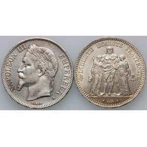 France, set of 5 Francs from 1867-1874, (2 pieces)
