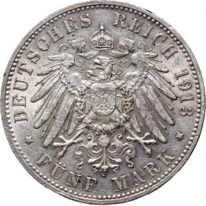 Germany, Wurttemberg, Wilhelm II, 5 Mark 1913 F, Stuttgart