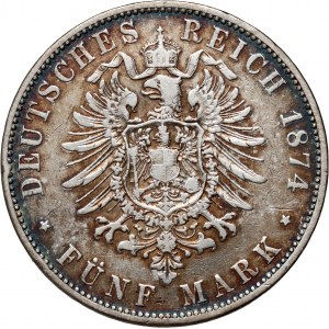 Germany, Bavaria, Ludwig II, 5 Mark 1874 D, Munich