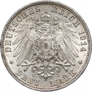 Germany, Wurttemberg, Wilhelm II, 3 Mark 1914 F, Stuttgart