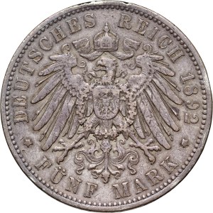 Germany, Wurttemberg, Wilhelm II, 5 Mark 1892 F, Stuttgart