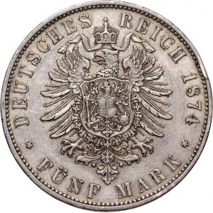 Germany, Bavaria, Ludwig II, 5 Mark 1874 D, Munich