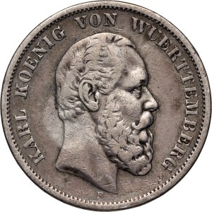 Germany, Württemberg, Karl I, 5 Mark 1876 F, Stuttgart