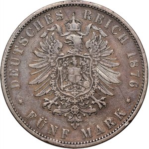Germany, Württemberg, Karl I, 5 Mark 1876 F, Stuttgart