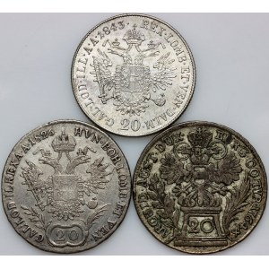 Hungary, set of 20 Kreuzers coins from 1764-1843, (3 pieces)
