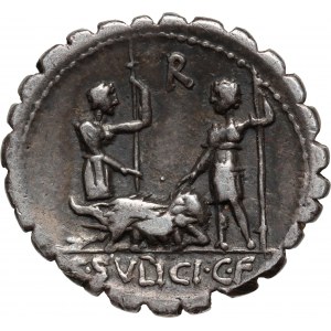 Römische Republik, C. Sulpicius C.f. Galba 106 v. Chr., Denarius serratus, Rom