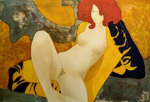 Alain Bonnefoit (b. 1937), Nude of a red-haired woman in a bathrobe