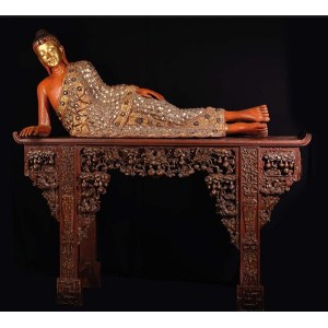 Lying Buddha on carved console, 19th century, Burma