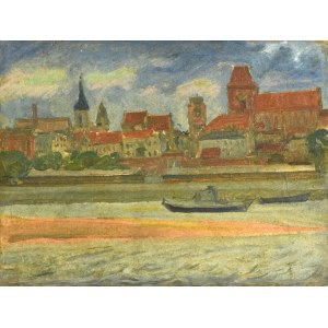 Jozef PIENIĄŻEK (1888-1953), Boats on the river against the city skyline