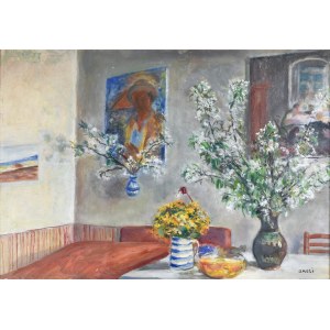 Irena WEISS - ANERI (1888-1981), Interiér umělcova bytu s květinami a portrétem Wojciecha Weisse