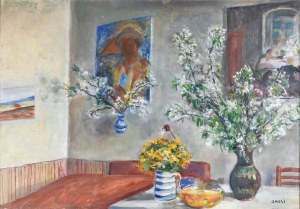 Irena WEISS - ANERI (1888-1981), Intérieur de l'appartement de l'artiste avec des fleurs et un portrait de Wojciech Weiss