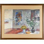 Irena WEISS - ANERI (1888-1981), Interno dell'appartamento dell'artista con fiori e un ritratto di Wojciech Weiss