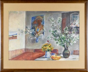 Irena WEISS - ANERI (1888-1981), Interiér umělcova bytu s květinami a portrétem Wojciecha Weisse