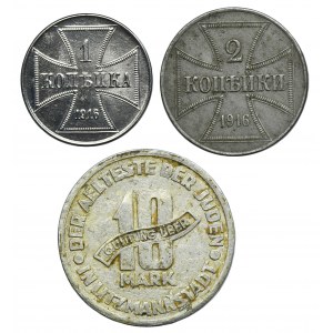 Set, Ost and Ghetto Litzmannstadt, 1 Kopeck, 2 Kopeck and 10 Pfennig (3 pcs.)