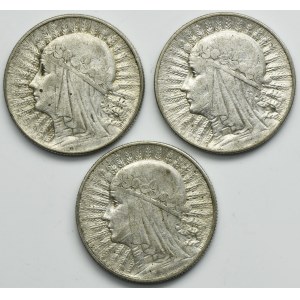 Zestaw, Głowa kobiety, 5 złotych 1932-1934 (3 szt.)