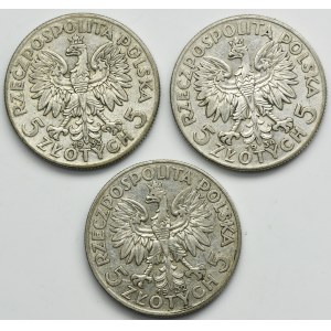 Zestaw, Głowa kobiety, 5 złotych 1932-1934 (3 szt.)