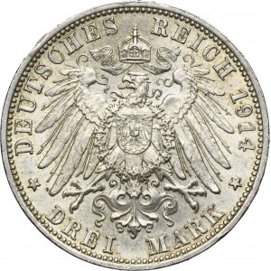 Germany, Kingdom of Bavaria, Ludwig III, 3 Mark Munich 1914 D