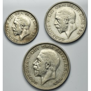 Set, Great Britain, George V, Shilling, 1 Florin and 1/2 Crown (3 pcs.)