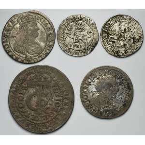 Set, Sigismunt II August, Johnt II Casimir and Johnt III Sobieski, Halfgroschen, 6 Groschen and Tymf (5 pcs.)