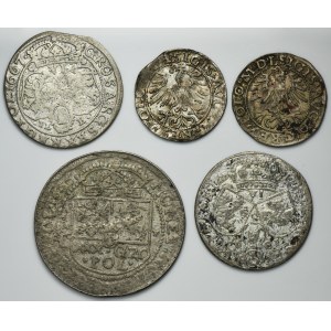 Set, Sigismunt II August, Johnt II Casimir and Johnt III Sobieski, Halfgroschen, 6 Groschen and Tymf (5 pcs.)