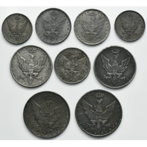 Set, Polish Kingdom, 1 pfennig, 5 pfennig, 10 pfennig and 20 pfennig (9 pcs.)