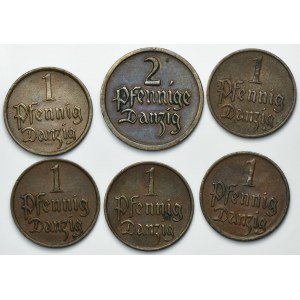 Set, Free City of Danzig, 1 pfennig and 2 pfennig 1923-1937 (6 pcs.)