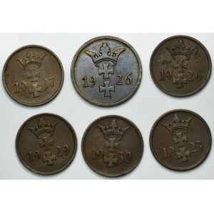 Set, Free City of Danzig, 1 pfennig and 2 pfennig 1923-1937 (6 pcs.)