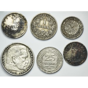 Set, German, 10 Pfennig, 25 Pfennig, 50 Pfennig, 1 Mark and 5 Mark (6 pcs.)