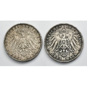 Set, Germany, Kingdom of Saxony and Kingdom of Bavaria, 3 Mark 1909 and 1913 (2 pcs.)