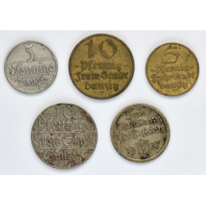 Set, Free City of Gdansk, 5 pfennig, 10 pfennig and 1/2 gulden (5 pcs.)