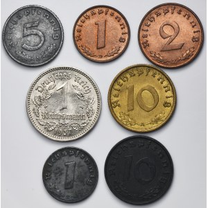 Ensemble, Allemagne, Troisième Reich, 1 Fenig, 2 Fenig, 5 Fenig, 10 Fenig et 1 Mark (7 pièces).