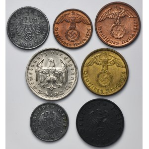 Ensemble, Allemagne, Troisième Reich, 1 Fenig, 2 Fenig, 5 Fenig, 10 Fenig et 1 Mark (7 pièces).