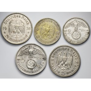 Ensemble, Allemagne, Troisième Reich, 2 Marks et 5 Marks (5 pièces).