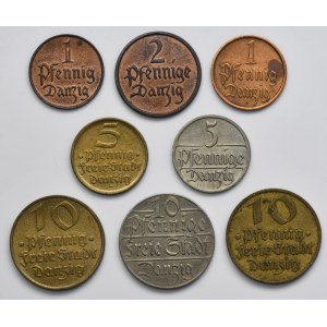 Set, Free City of Danzig, 1 pfennig, 2 pfennig, 5 pfennig and 10 pfennig (8 pcs.)