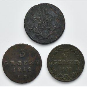 Ensemble, Galicie et Lodomérie, Duché de Varsovie et Royaume de Pologne, 3 pennies (3 pièces).