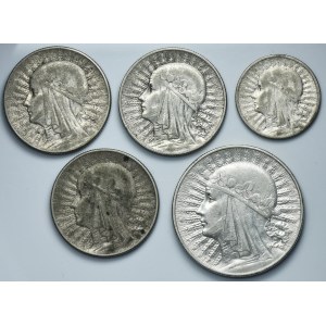 Zestaw, Głowa kobiety, 2 złote, 5 złotych i 10 złotych (5 szt.)