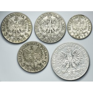 Zestaw, Głowa kobiety, 2 złote, 5 złotych i 10 złotych (5 szt.)