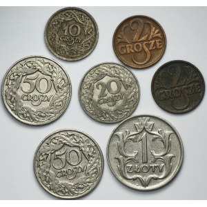 Zestaw, 2 grosze, 10 groszy, 20 groszy, 50 groszy i 1 złoty (7 szt.)