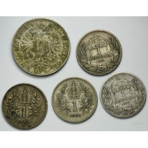 Set, Austria and Hungary, Franz Joseph I, 1 Florin and 1 Corona (5 pcs.)
