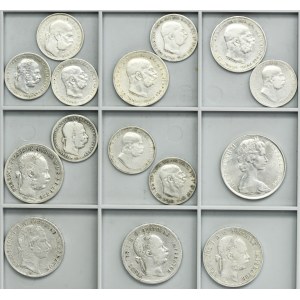 Set, Austria, Hungary and Austrialia, Franz Joseph I and Elizabeth II, 1 Korona, 1 Forint, 1 Florin and 50 Cents (15 pcs.)