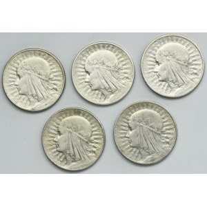 Zestaw, Głowa kobiety, 10 złotych 1932-1933 (5 szt.)