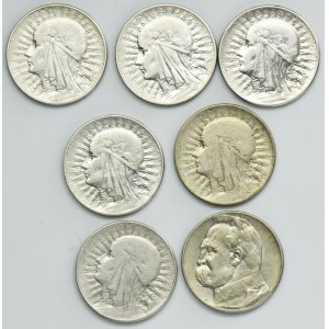 Zestaw, Głowa kobiety, 5 złotych 1932-1936 (7 szt.)