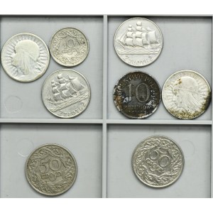 Ensemble, Deuxième République et Royaume de Pologne, 10 grosze, 50 grosze, 2 zlotys et 10 feniges (8 pièces).